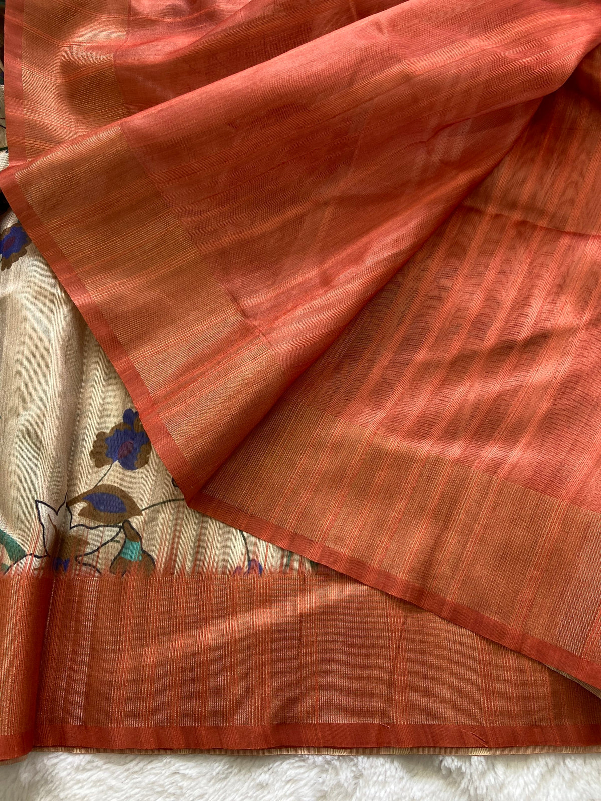 Orange Tussar Silk Printed Saree with Zari Border, view 3