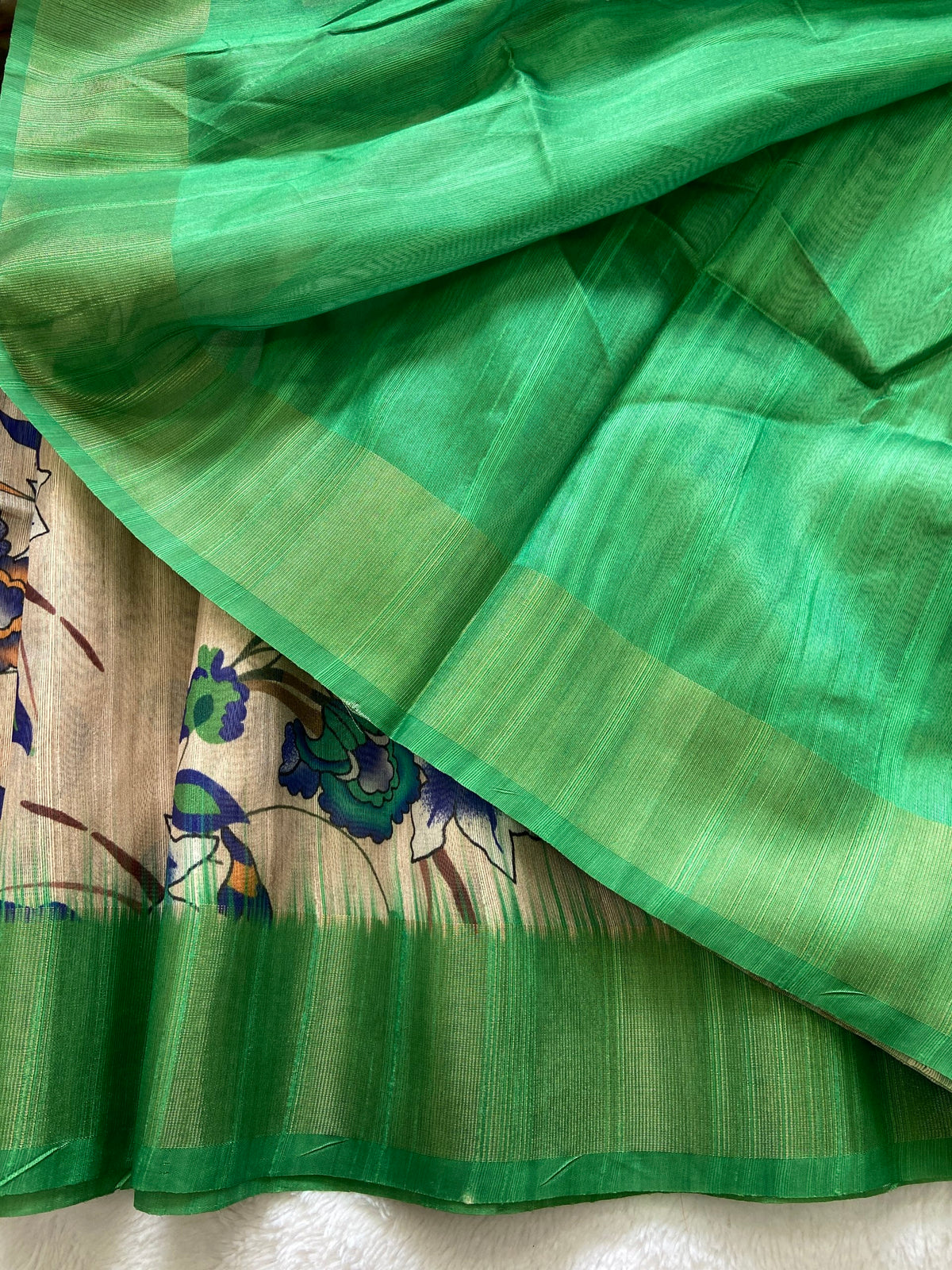 Green Tussar Silk Printed Saree with Zari Border, view 3