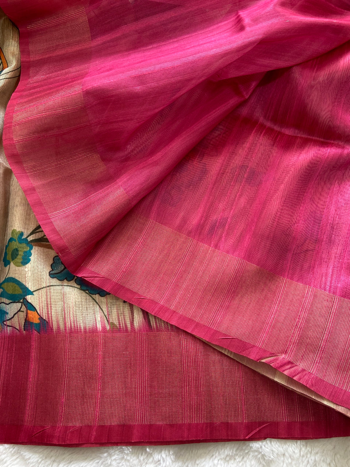 Rani Pink Tussar Silk Printed Saree with Zari Border, view 3