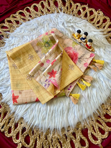 Lemon Yellow Linen Rose Print Saree with Zari Border