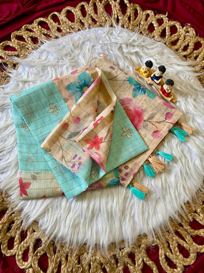 Aqua Linen Rose Print Saree with Zari Border