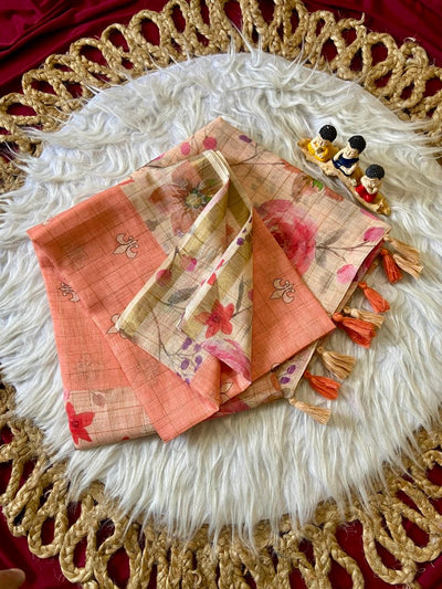 Peach Linen Rose Print Saree with Zari Border