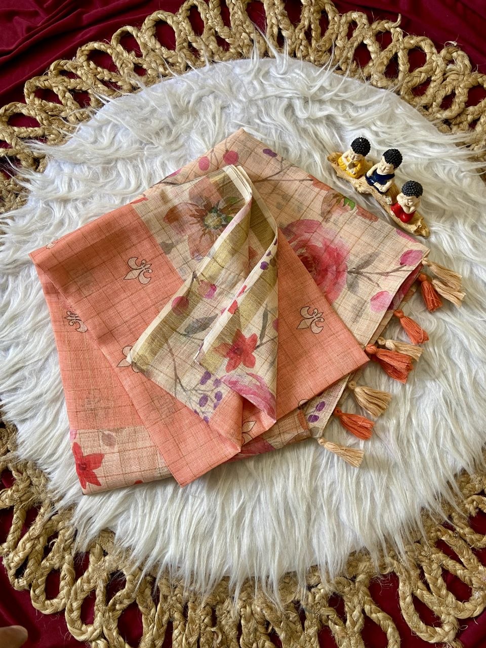 Peach Linen Rose Print Saree with Zari Border