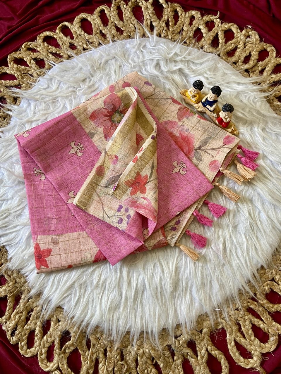 Pink Linen Rose Print Saree with Zari Border