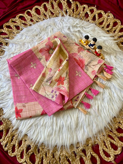 Pink Linen Rose Print Saree with Zari Border