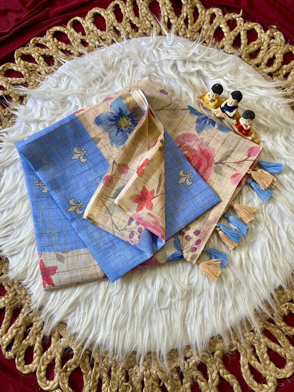 Blue Linen Rose Print Saree with Zari Border