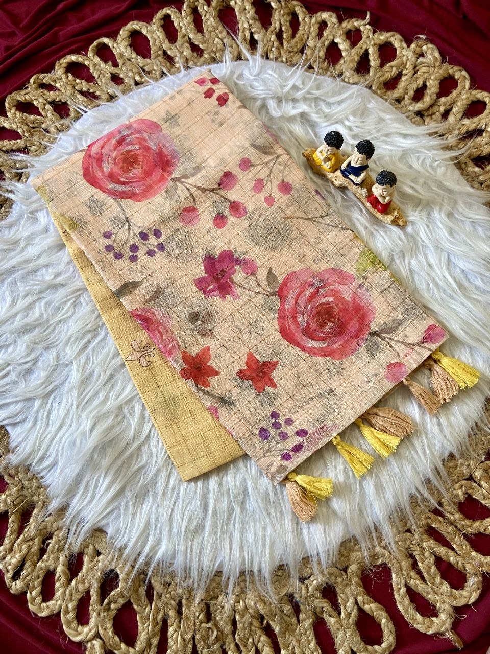 Lemon Yellow Linen Rose Print Saree with Zari Border, view 2