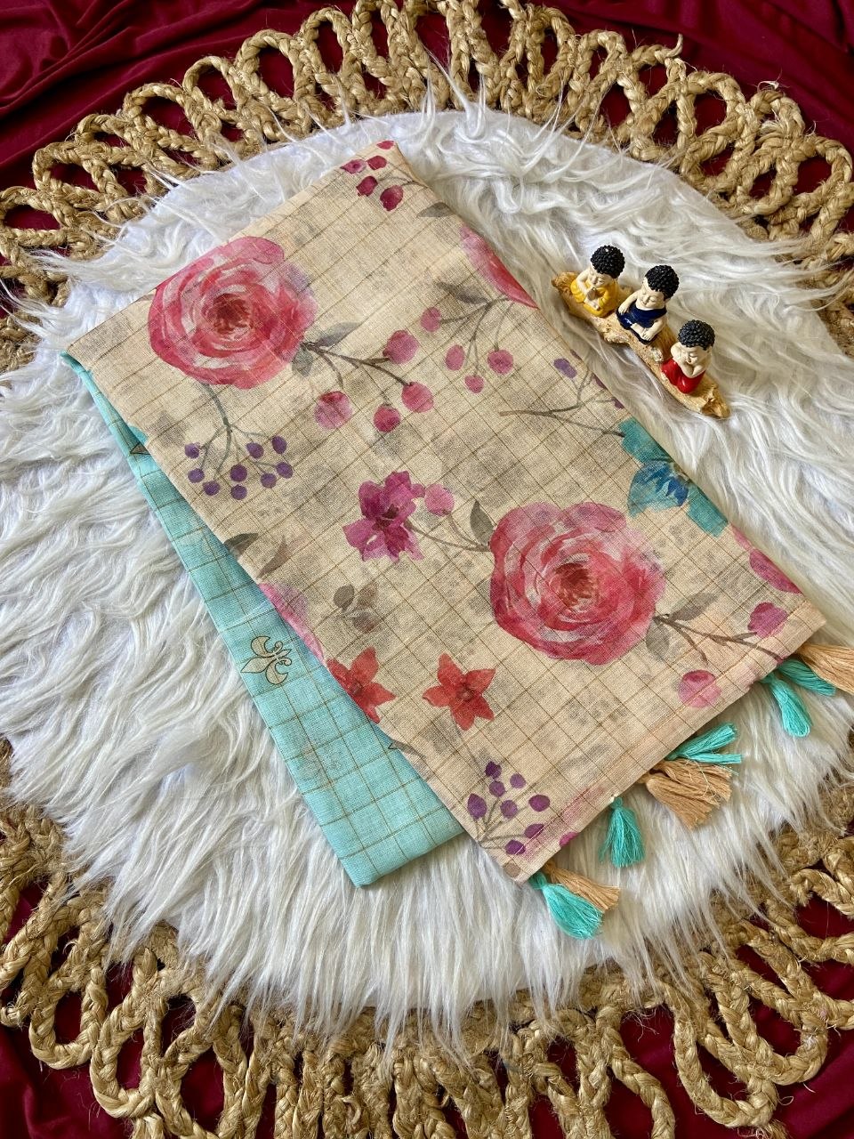Aqua Linen Rose Print Saree with Zari Border