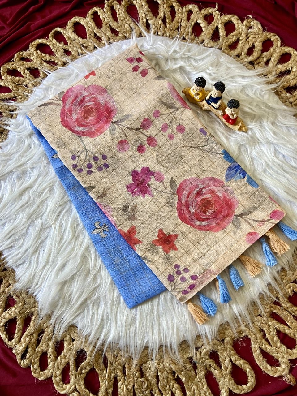 Blue Linen Rose Print Saree with Zari Border