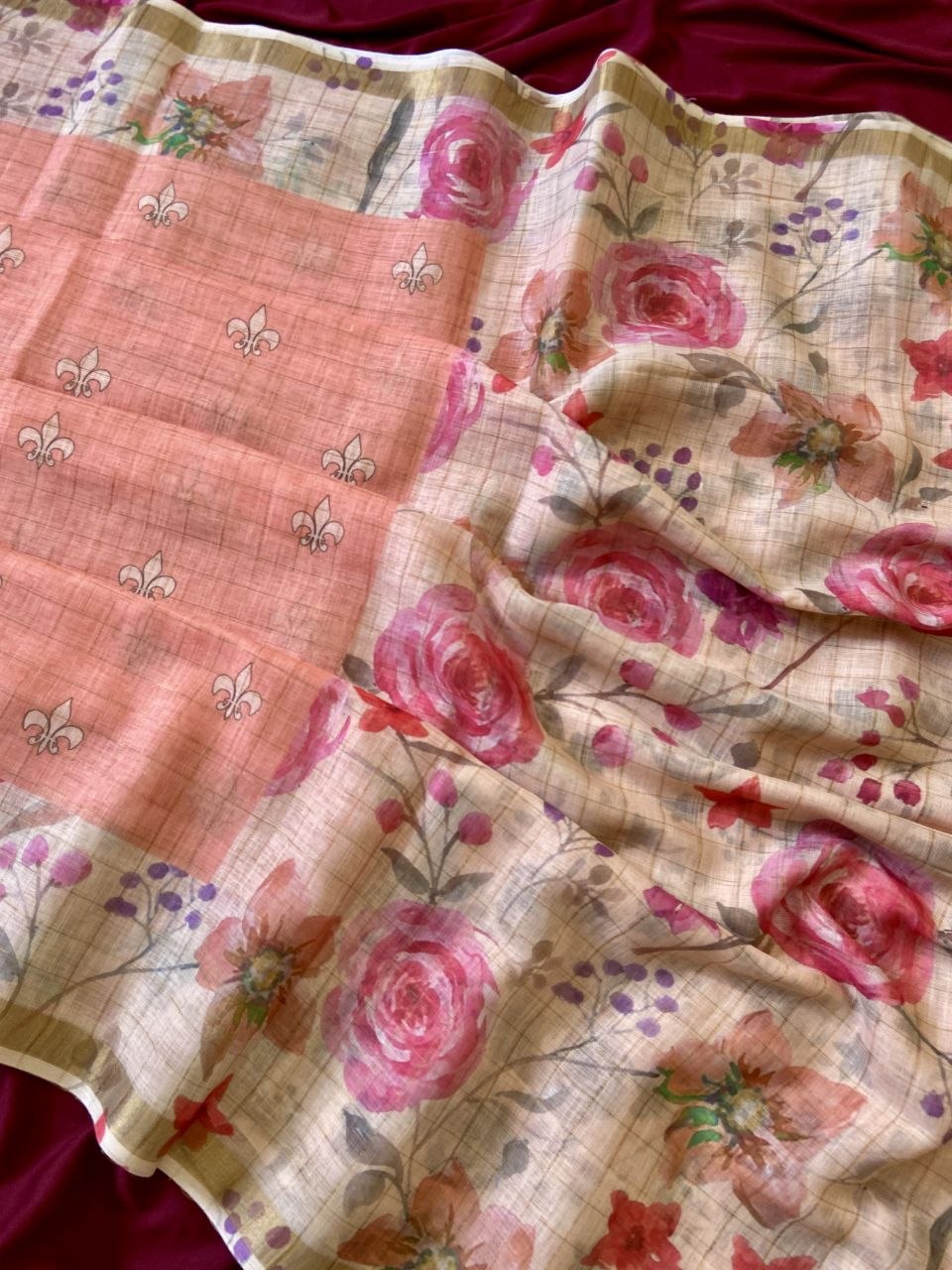 Peach Linen Rose Print Saree with Zari Border, view 3