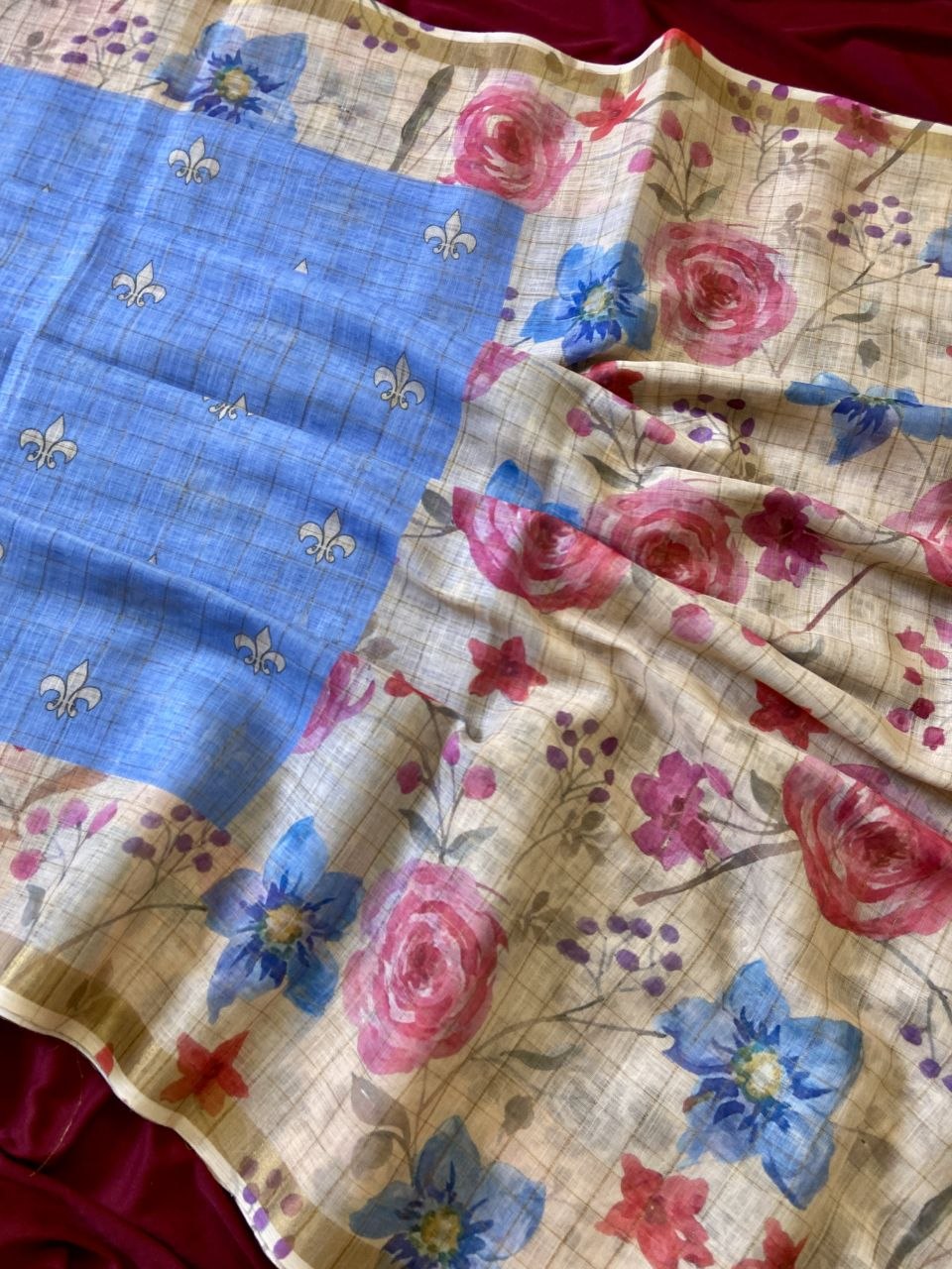 Blue Linen Rose Print Saree with Zari Border, view 3