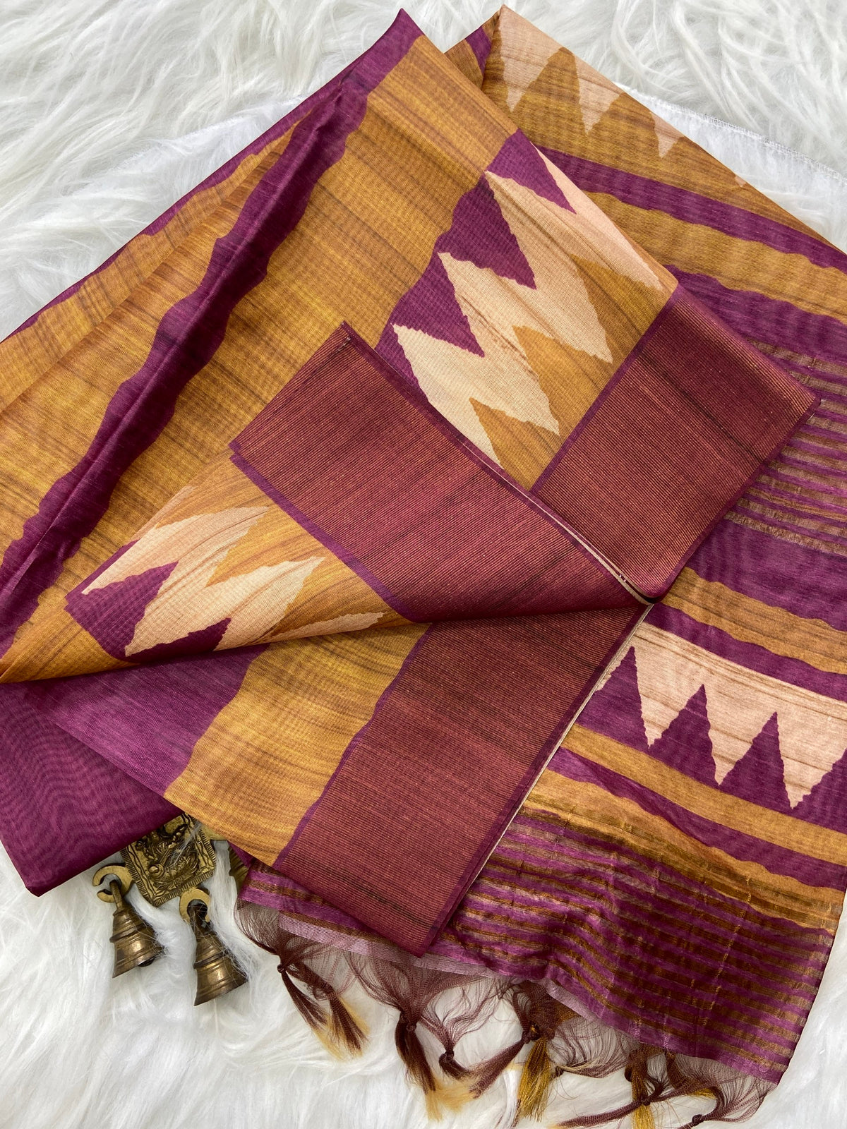 Wine and Mustard Tussar Silk Temple Border Saree