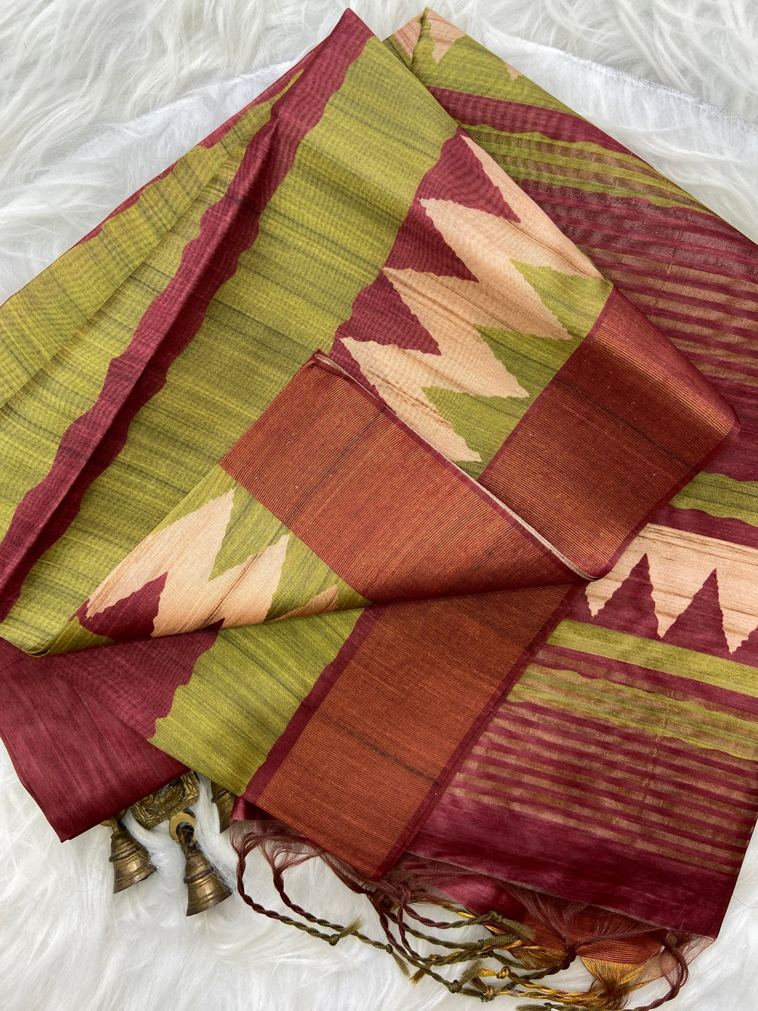 Maroon and Lime Tussar Silk Temple Border Saree