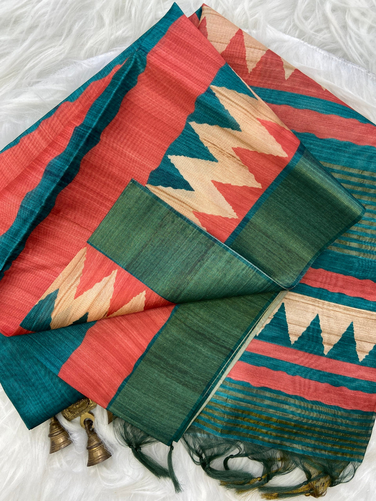 Teal and Coral Tussar Silk Temple Border Saree