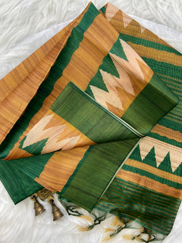 Green and Mustard Tussar Silk Temple Border Saree