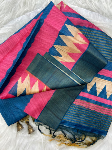Navy and Pink Tussar Silk Temple Border Saree