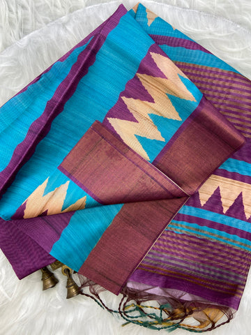 Purple and Sky Blue Tussar Silk Temple Border Saree