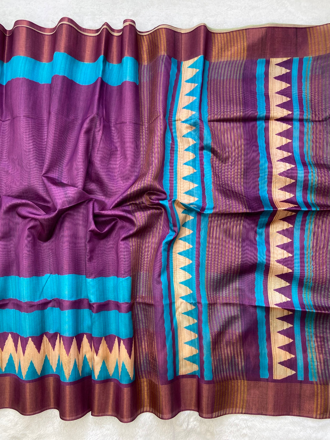 Purple and Sky Blue Tussar Silk Temple Border Saree