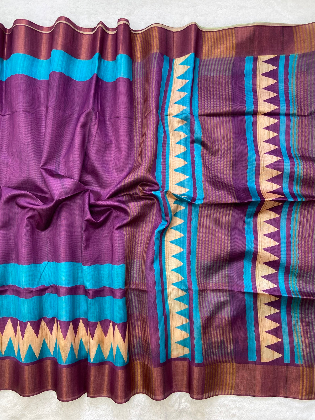 Purple and Sky Blue Tussar Silk Temple Border Saree, view 2
