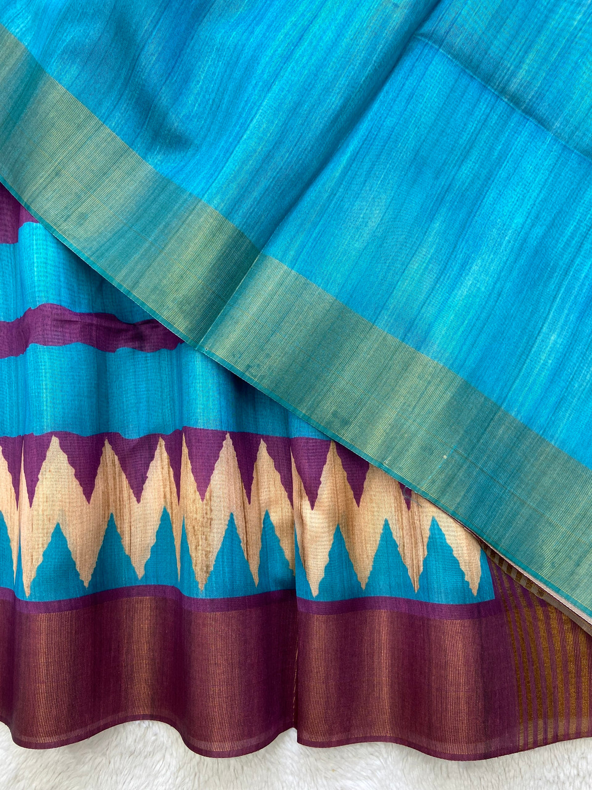Purple and Sky Blue Tussar Silk Temple Border Saree, view 3