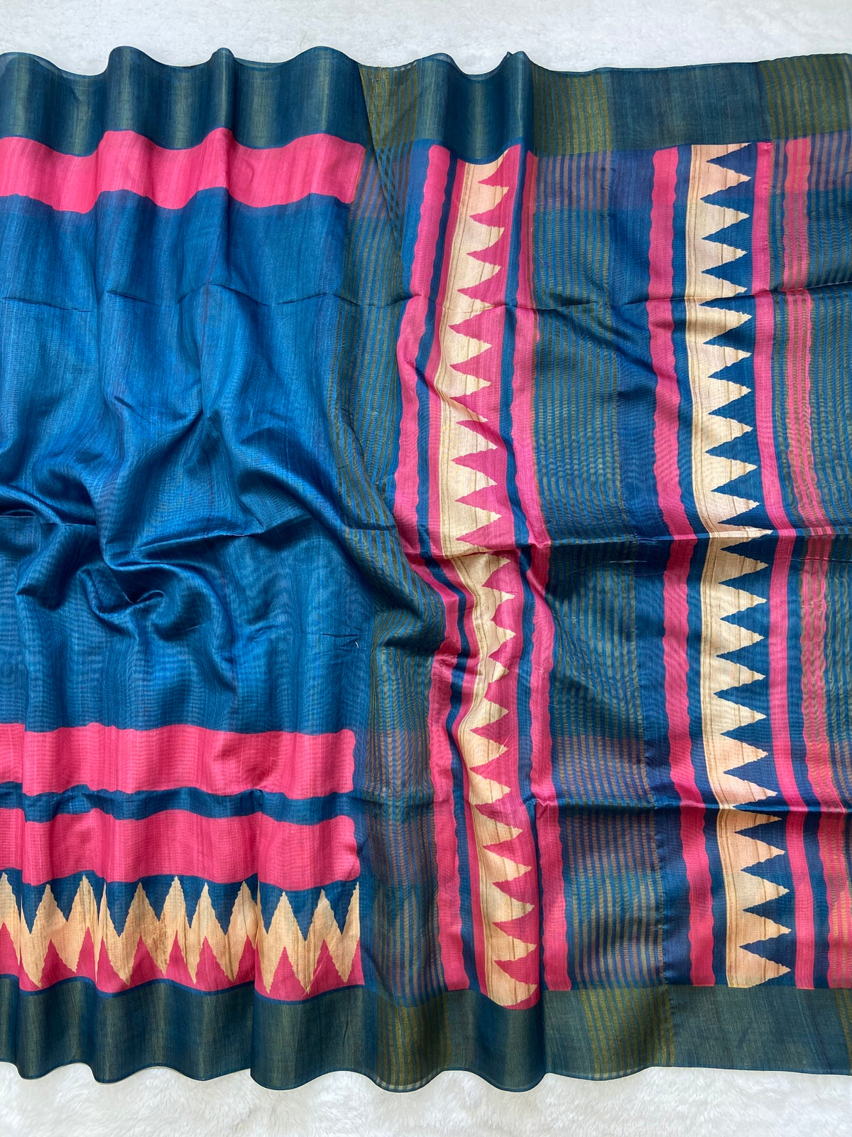 Navy and Pink Tussar Silk Temple Border Saree, view 2