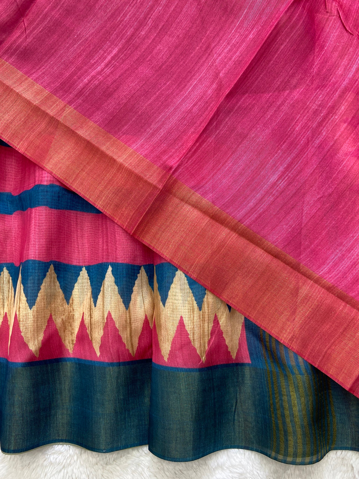 Navy and Pink Tussar Silk Temple Border Saree, view 3