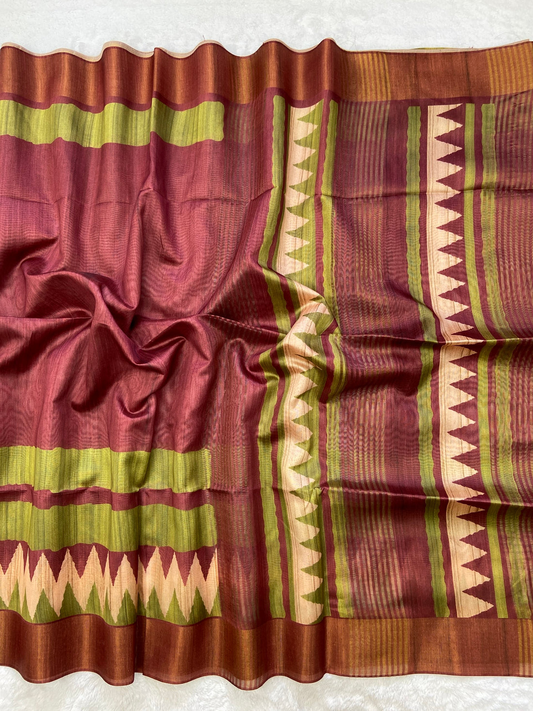 Maroon and Lime Tussar Silk Temple Border Saree