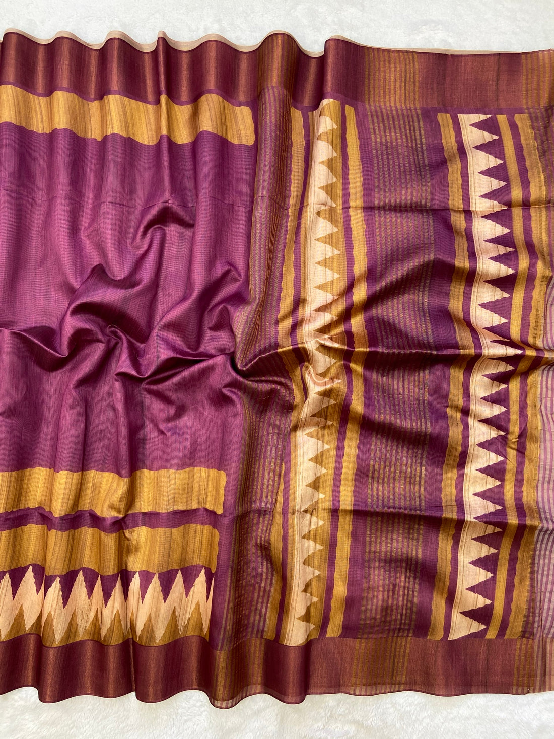 Wine and Mustard Tussar Silk Temple Border Saree