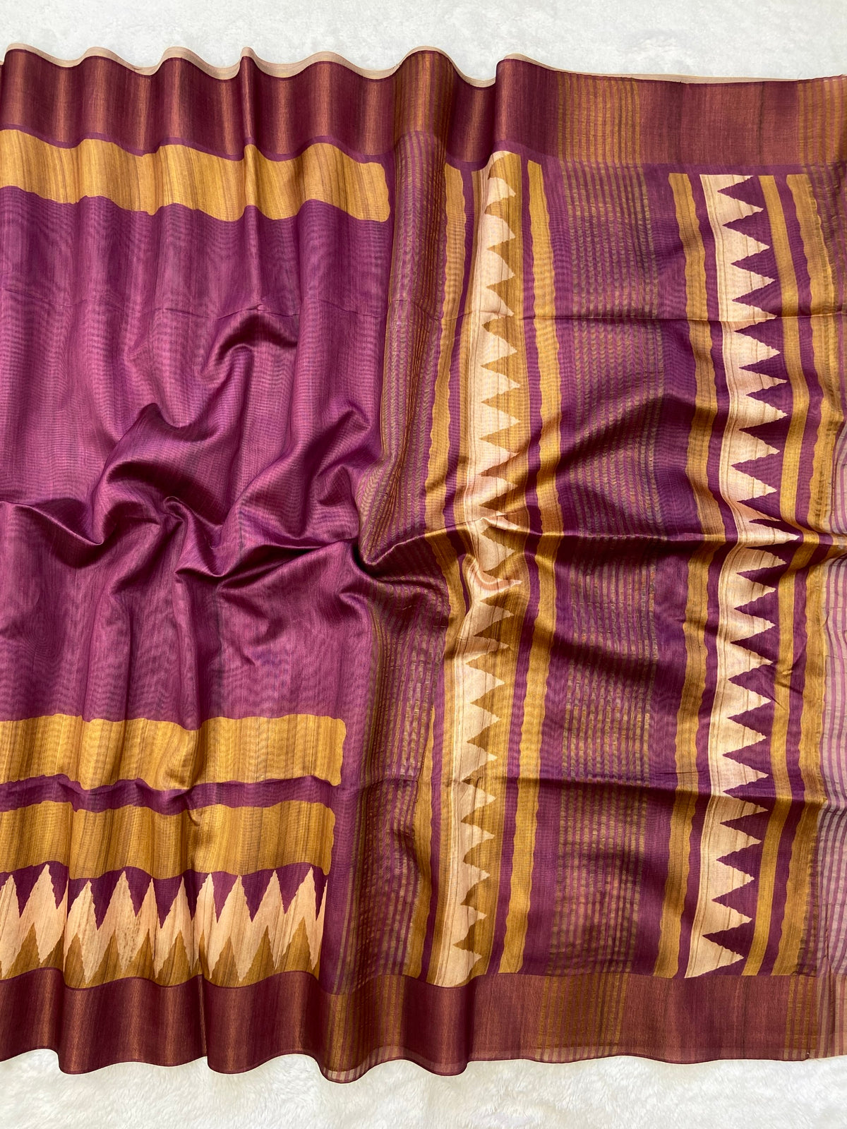 Wine and Mustard Tussar Silk Temple Border Saree, view 2