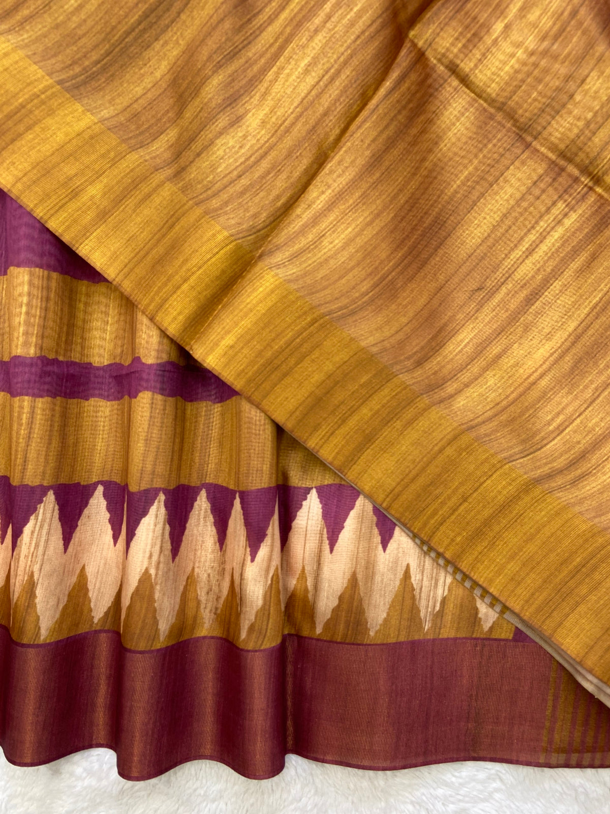 Wine and Mustard Tussar Silk Temple Border Saree, view 3