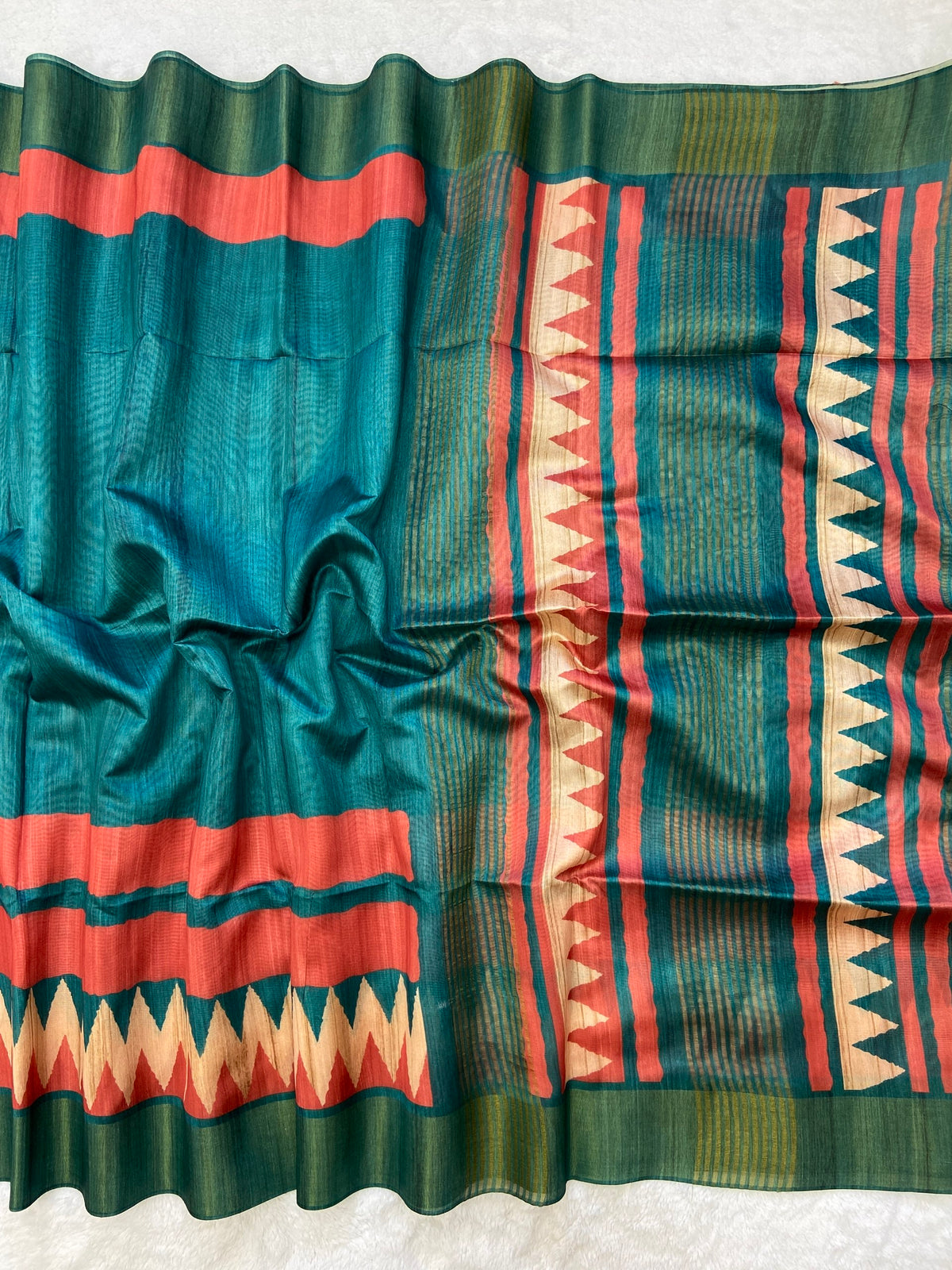 Teal and Coral Tussar Silk Temple Border Saree, view 2