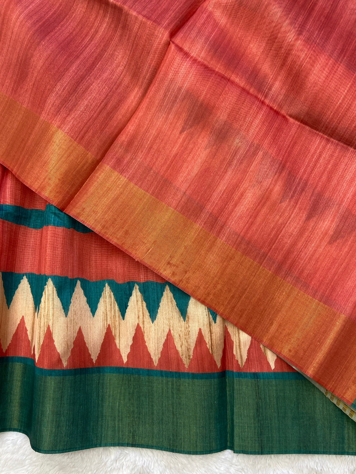 Teal and Coral Tussar Silk Temple Border Saree, view 3