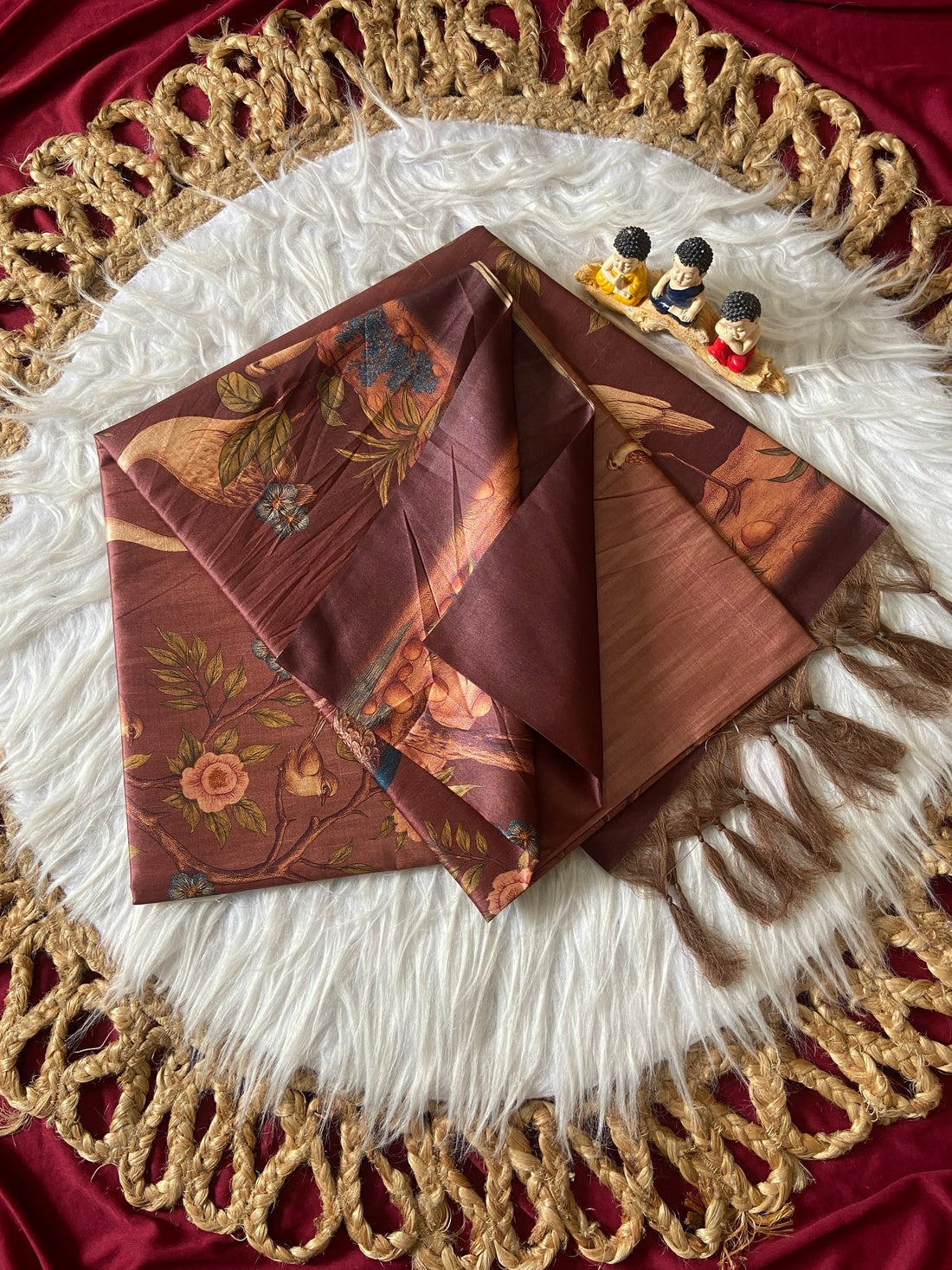Coffee Brown Tussar Silk Crane Print Saree