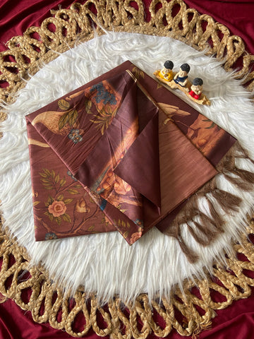 Coffee Brown Tussar Silk Crane Print Saree