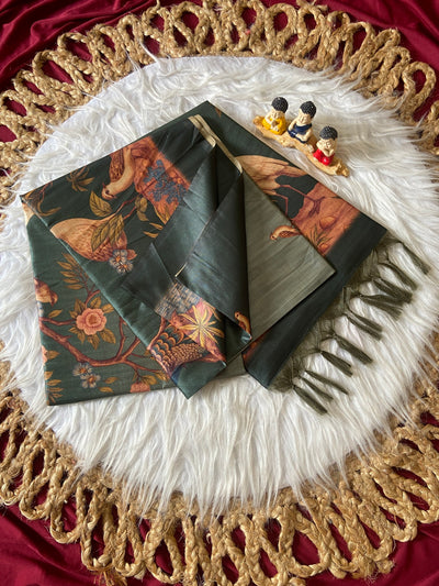 Bottle Green Tussar Silk Crane Print Saree