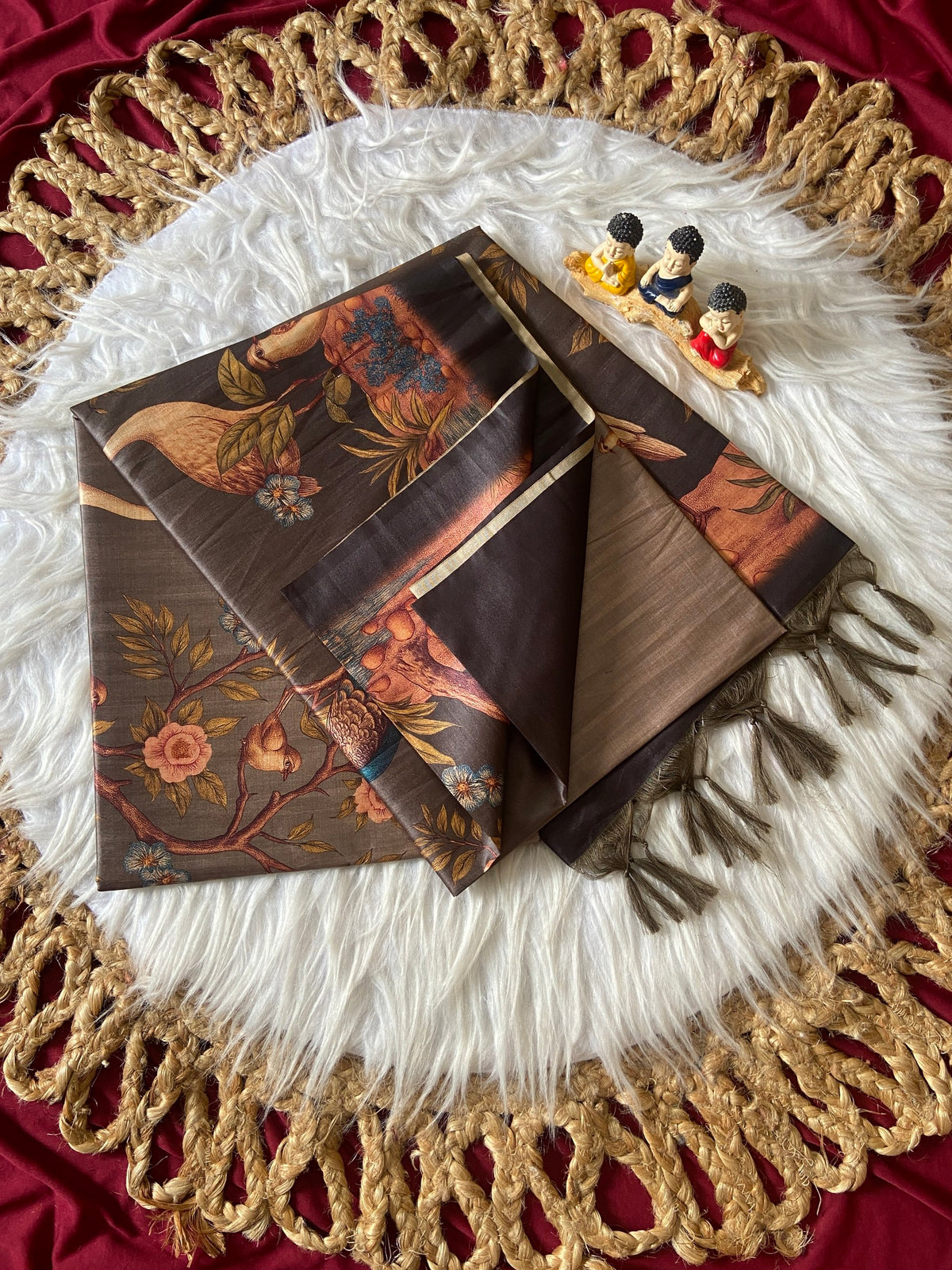 Grey Tussar Silk Crane Print Saree