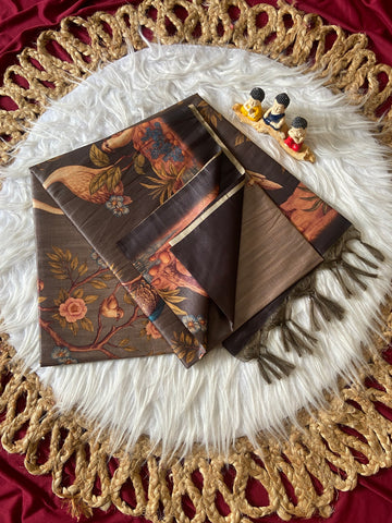 Grey Tussar Silk Crane Print Saree