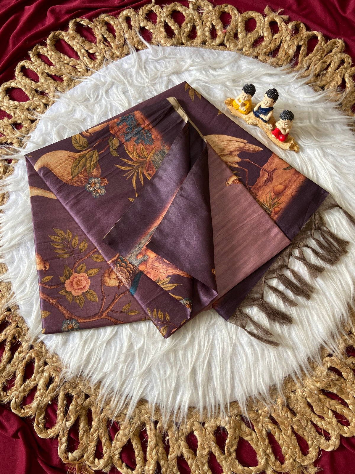 Wine Tussar Silk Crane Print Saree
