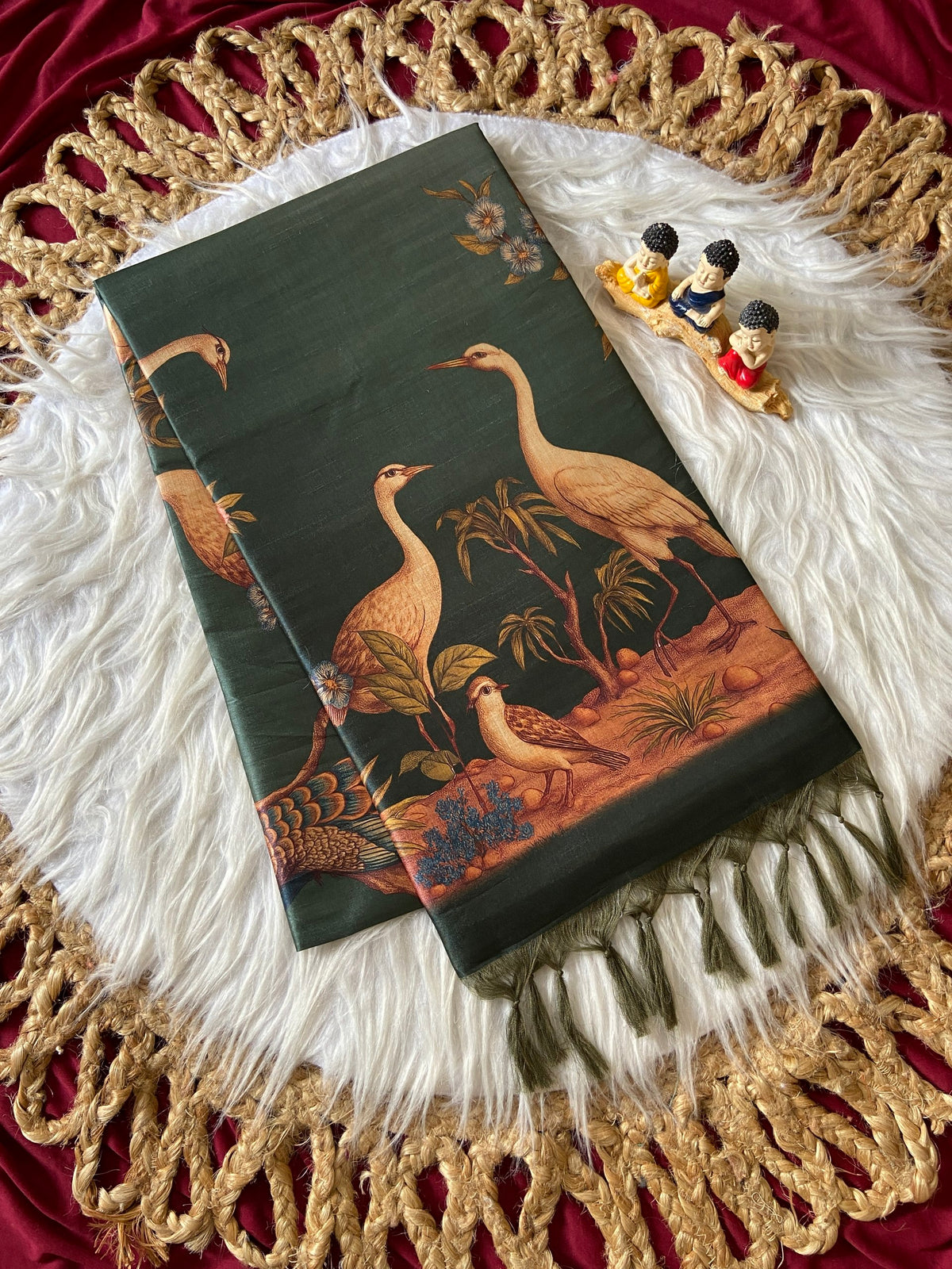 Bottle Green Tussar Silk Crane Print Saree, view 2
