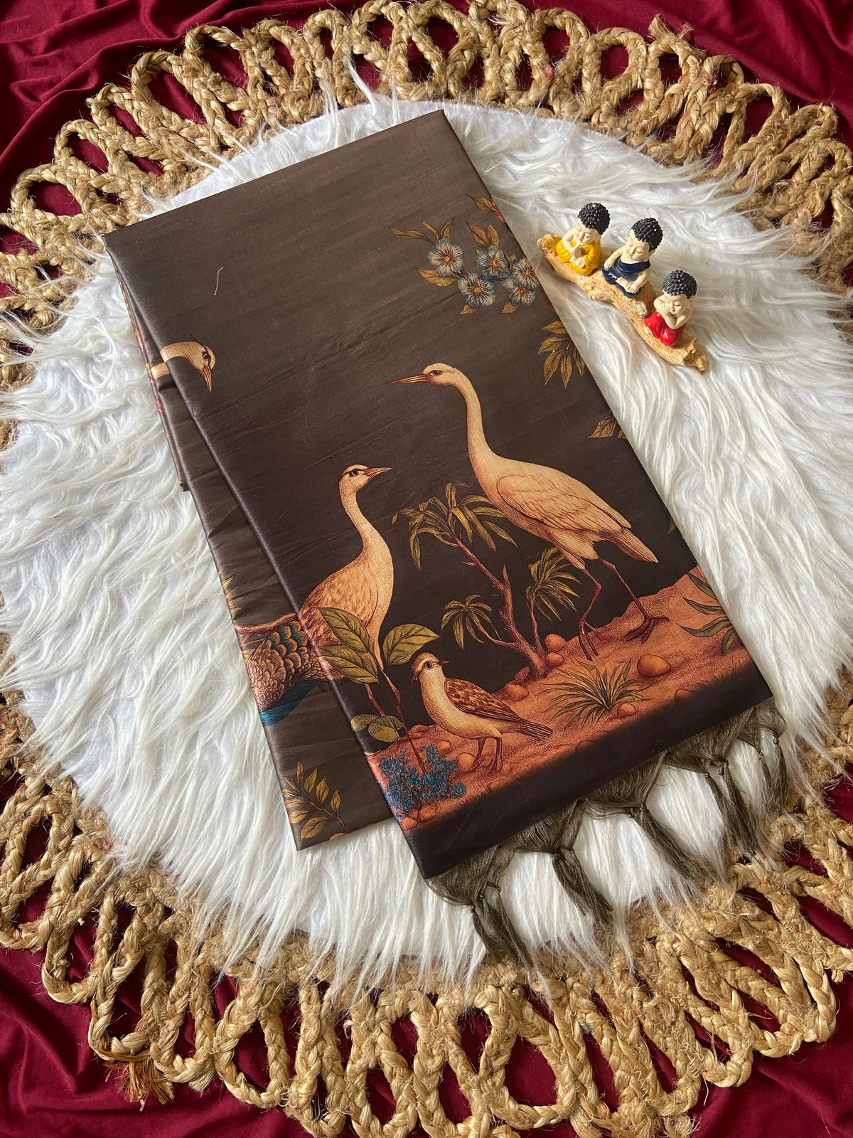Grey Tussar Silk Crane Print Saree, view 2