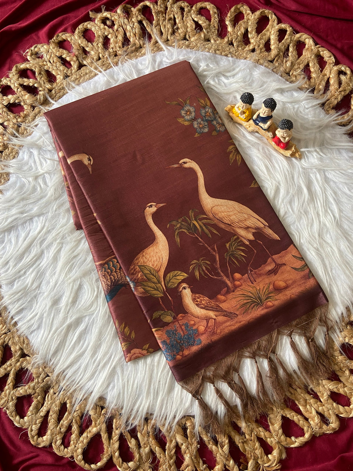 Coffee Brown Tussar Silk Crane Print Saree, view 2