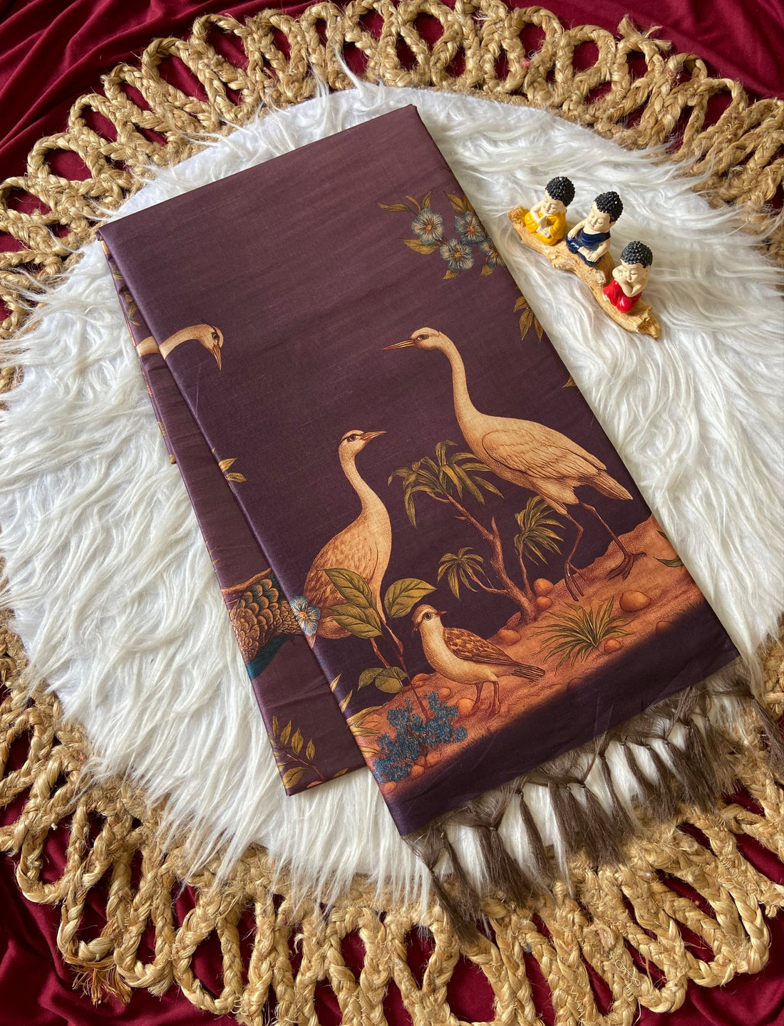 Wine Tussar Silk Crane Print Saree