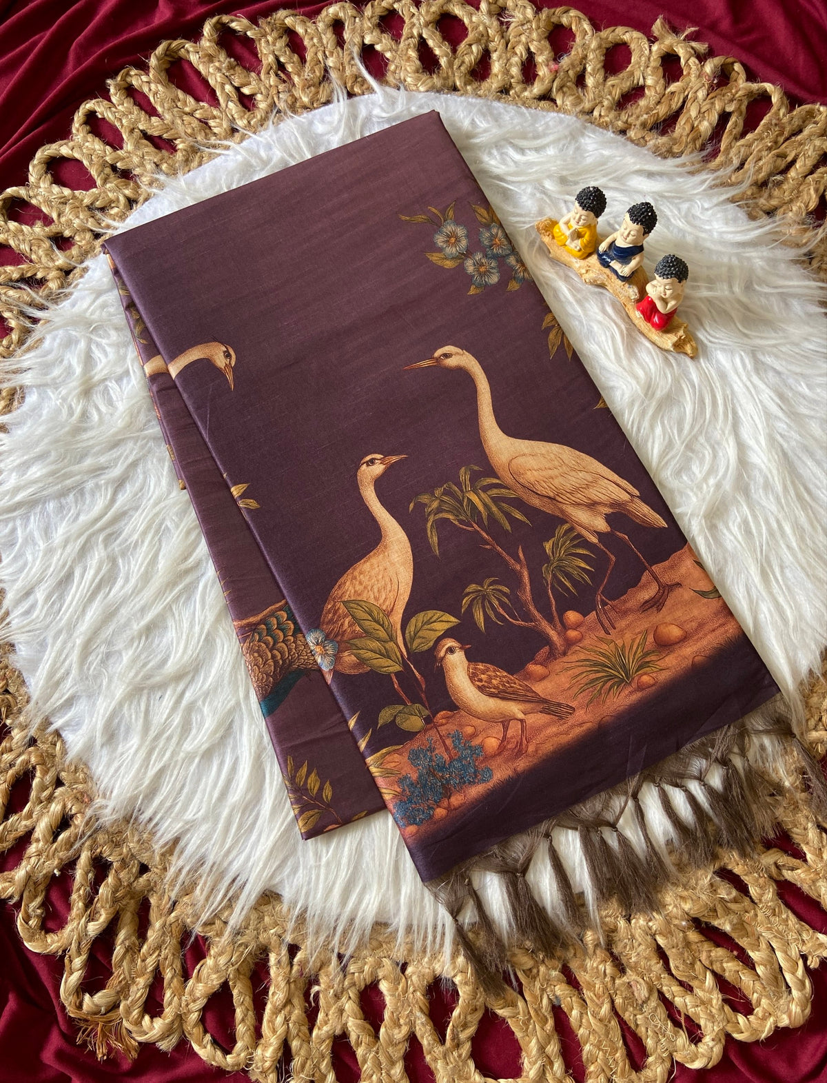 Wine Tussar Silk Crane Print Saree, view 2