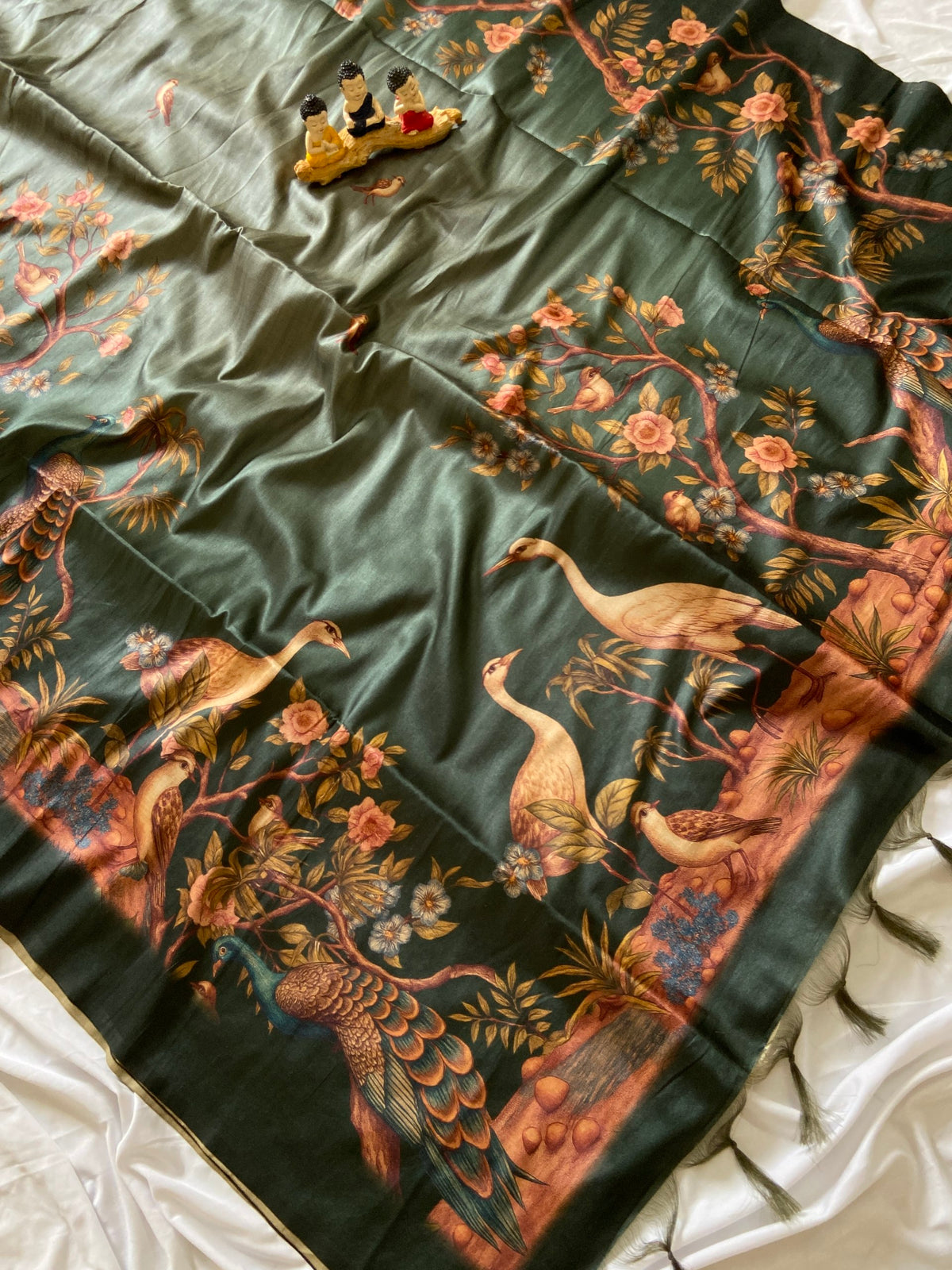 Bottle Green Tussar Silk Crane Print Saree, view 3