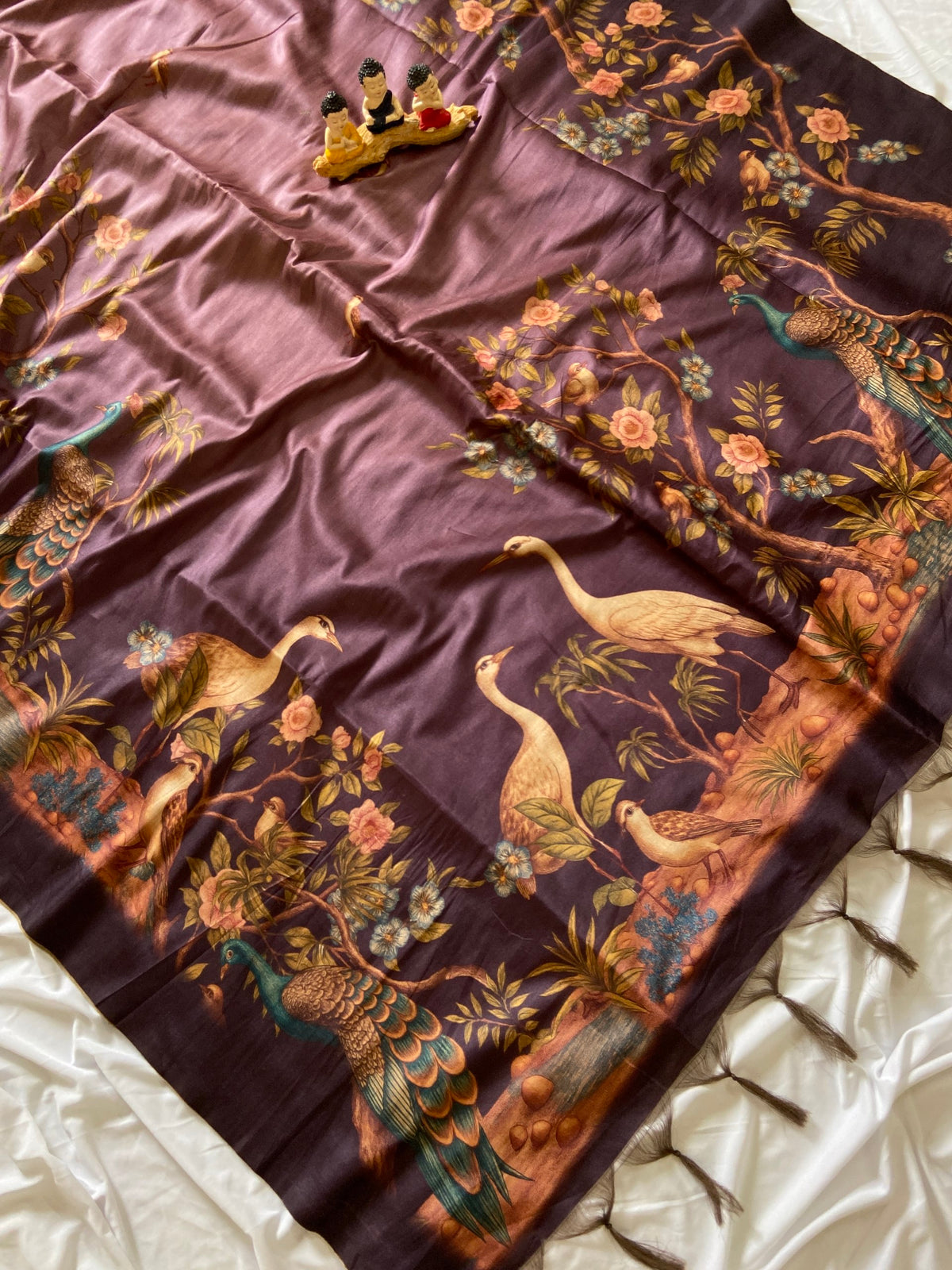 Wine Tussar Silk Crane Print Saree, view 3