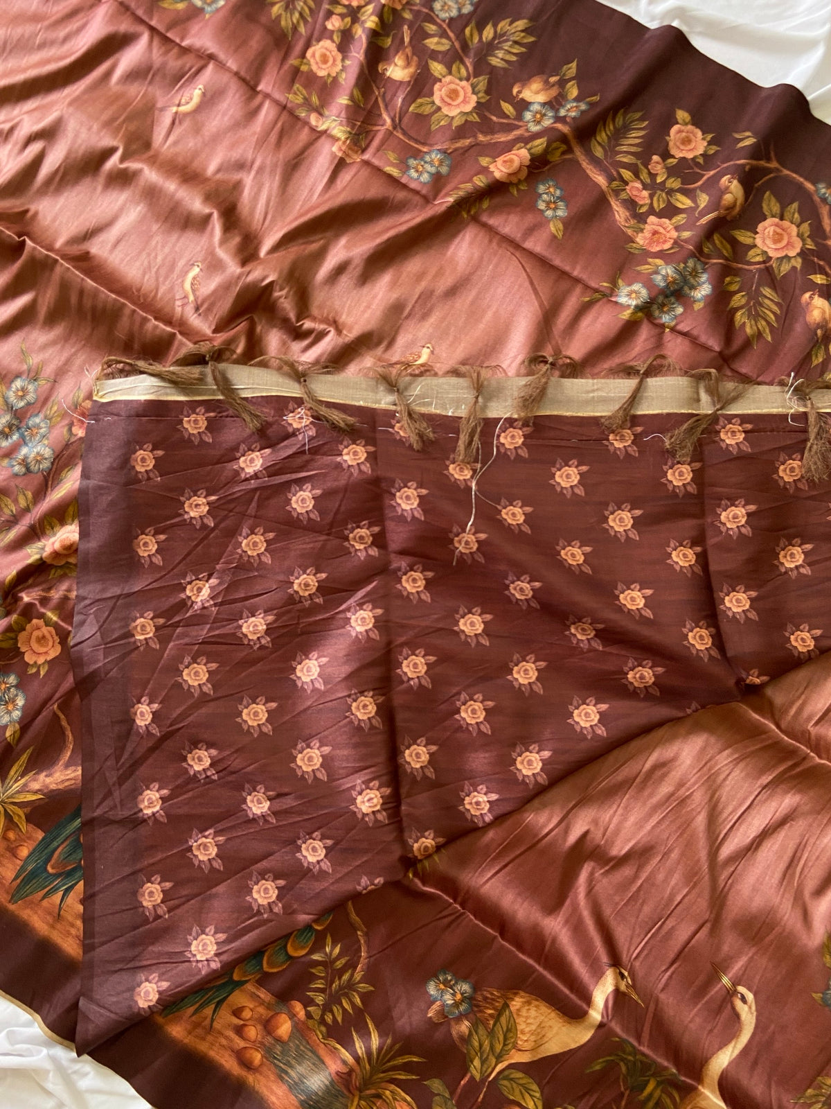 Coffee Brown Tussar Silk Crane Print Saree, view 4
