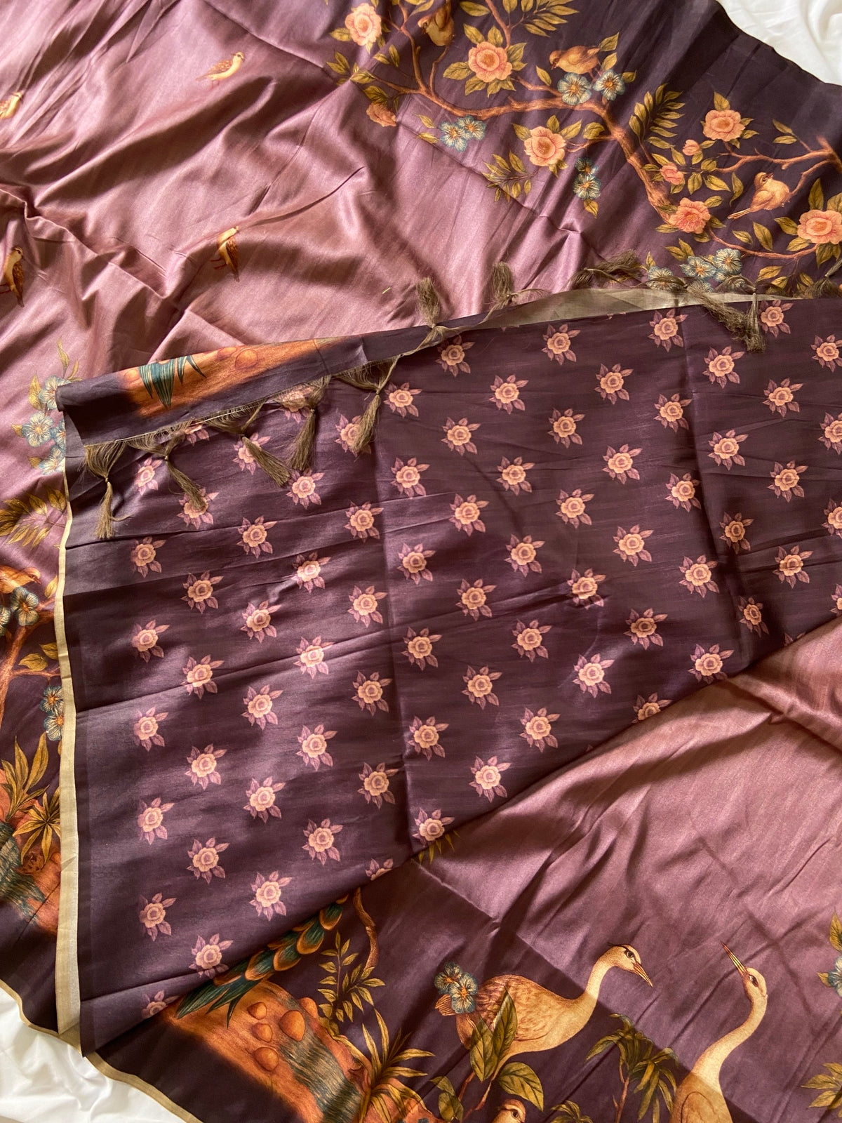 Wine Tussar Silk Crane Print Saree, view 4