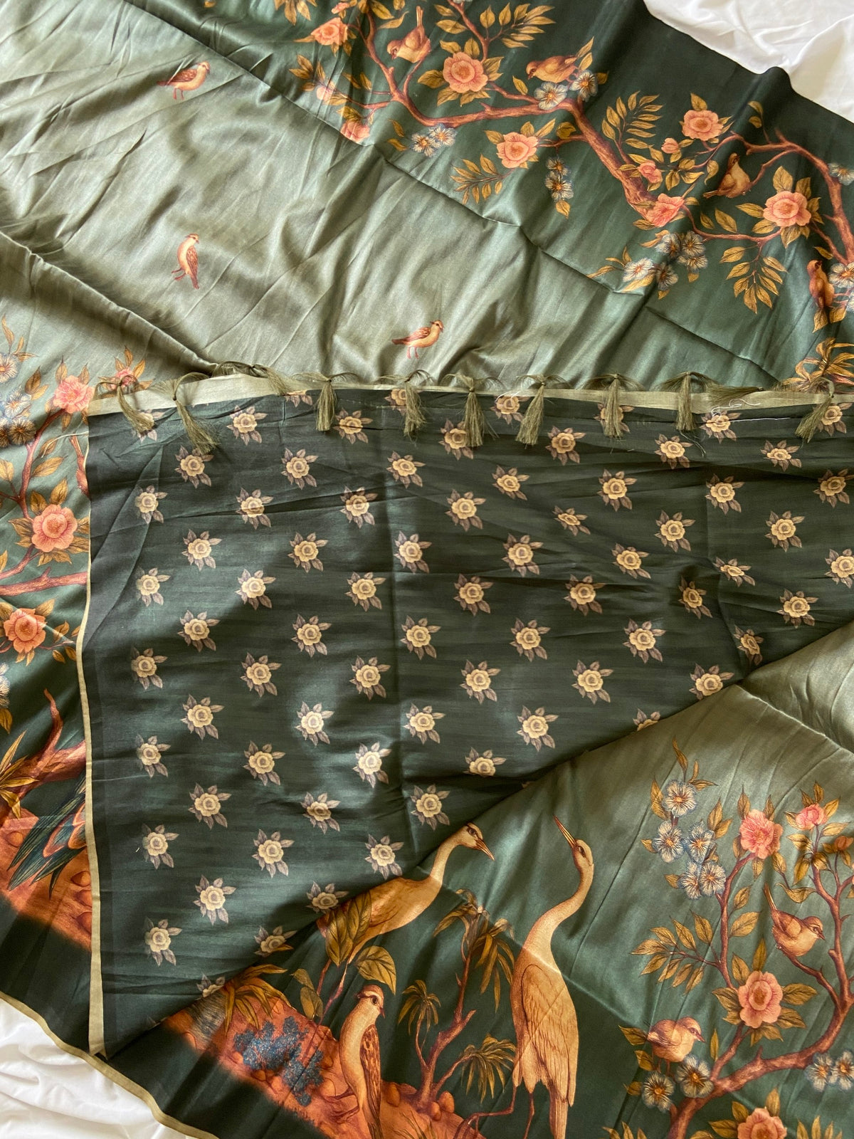 Bottle Green Tussar Silk Crane Print Saree, view 4