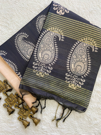 Grey Tussar Silk Paisley Border Saree