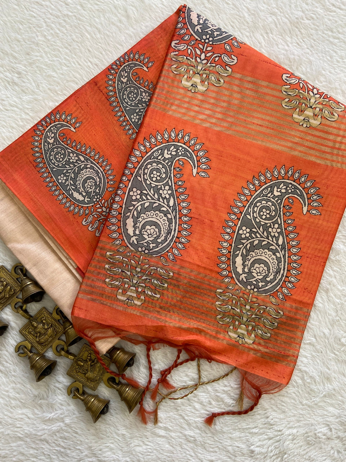 Orange Tussar Silk Paisley Border Saree